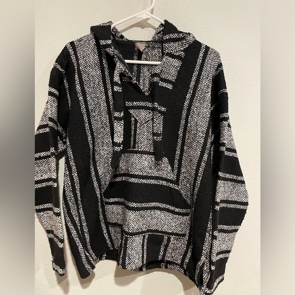 Made in Mexico Baja Poncho in black and white. Size S